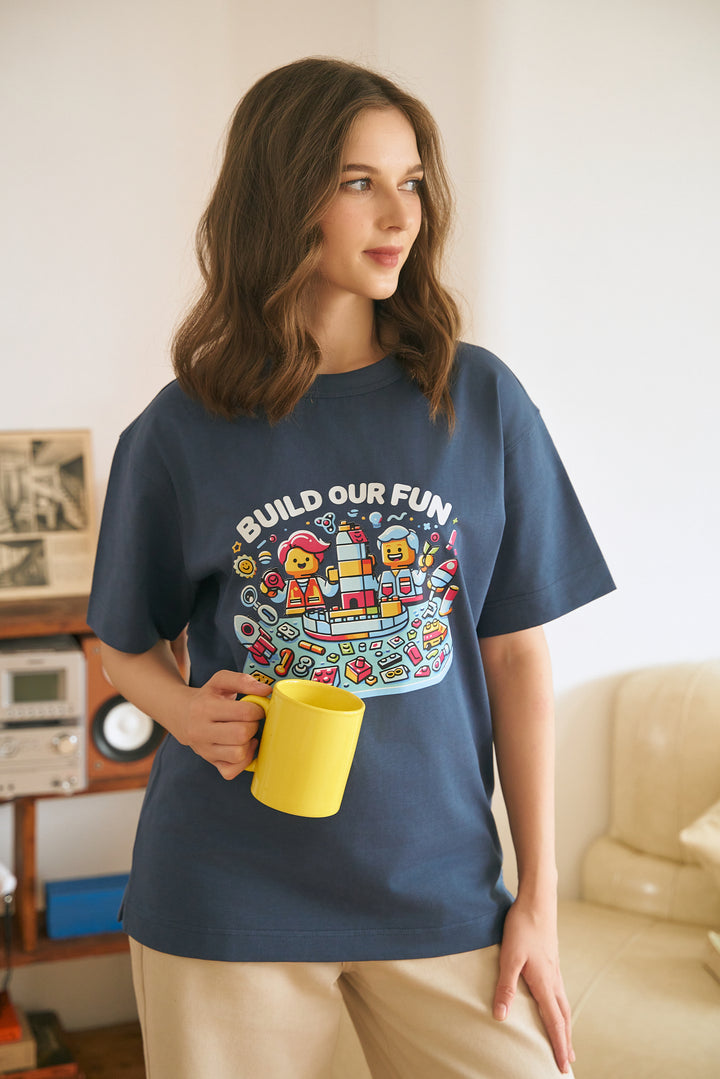 Unisex Navy-Blue Cotton Graphic Tees - Build Our Fun