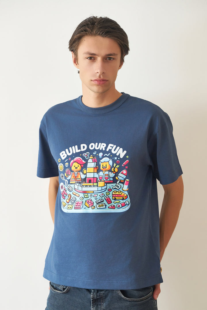 Unisex Navy-Blue Cotton Graphic Tees - Build Our Fun