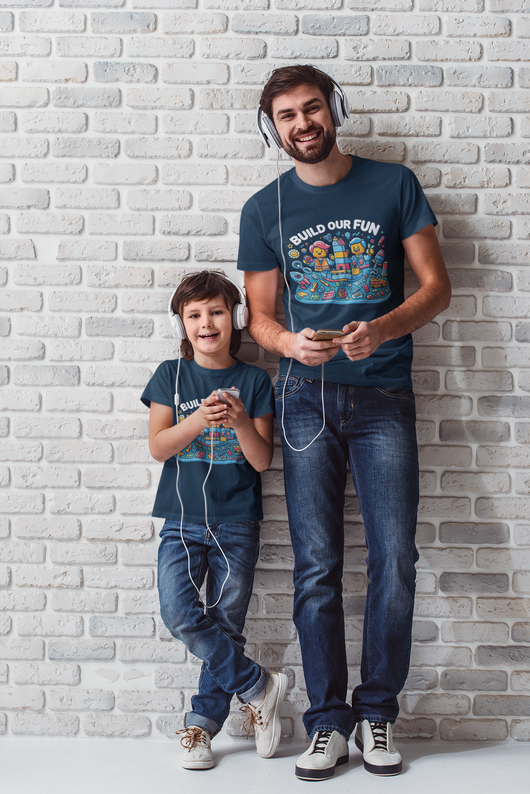 Unisex Navy Blue Cotton Graphic Tees for Dad & Kids - Build Our Fun