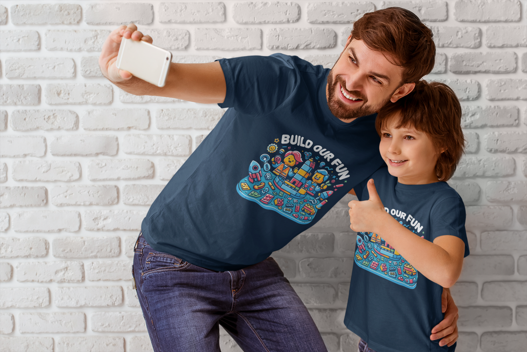 Unisex Navy Blue Cotton Graphic Tees for Dad & Kids - Build Our Fun